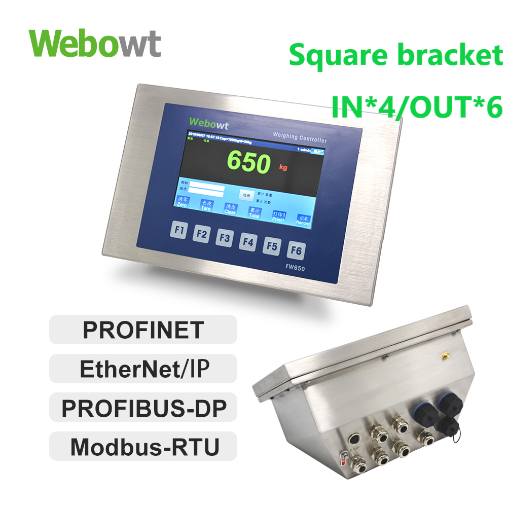 Order No. 8650003L, Model No.: FW650210001010G, Manual Batching version, FW650, SS Harsh Square bracket,1-way analog scale platform, USBx4, 4-way serial ports, No PLC, INx4/OUTx6, 7-inch color LCD