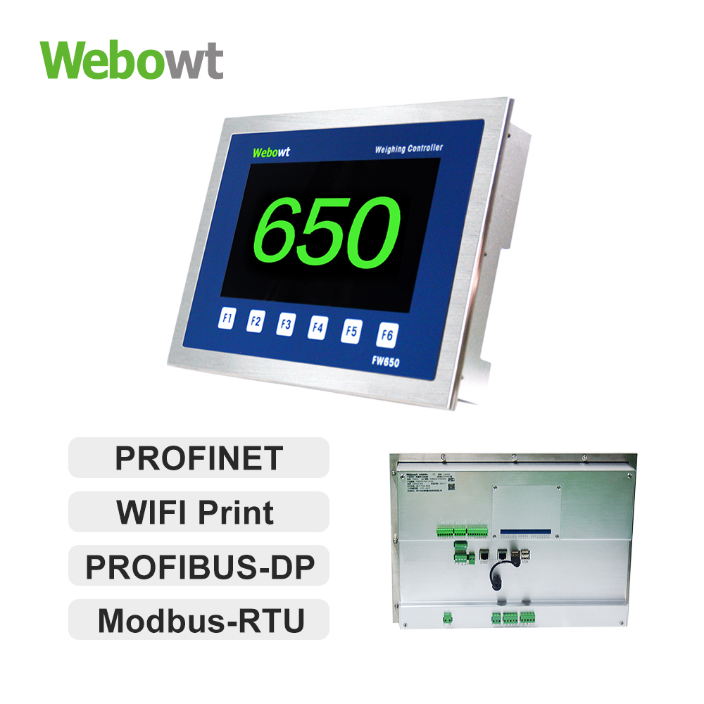Order No. 8650003A, Model No.: FW650610002000G, Basic MES version, FW650, Panel,1-way analog scale platform, USBx4, 4-way serial ports, No PLC, INx4/OUTx6, 7-inch color LCD