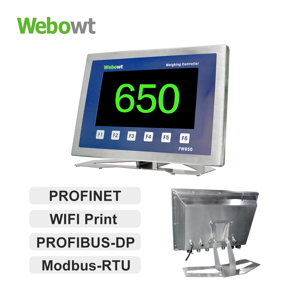 Order No. 8650001N, Model No.: FW650020F02000G, Basic MES version, FW650, desktop SS Harsh, 2-way analog scale platform, USBx4, 4-way serial ports, PROFINET, INx8/OUTx12, 7-inch color LCD