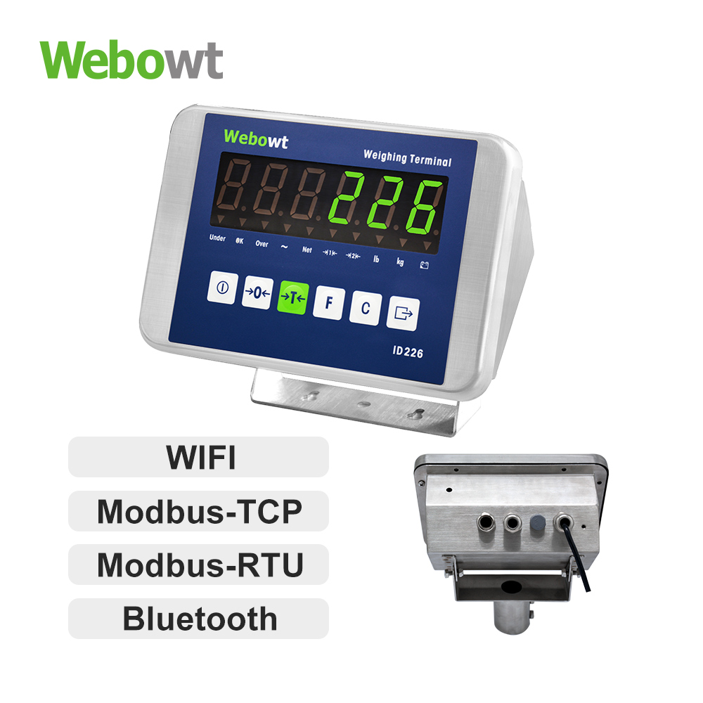 Order No. 822602Q, Model No.:ID2265V0001, ID226, Stainless Steel, SS2 shell, IP66, WIFI(TCP, UDP), 1 input, 3 relay outputs, green display, RS232+RS485(MODBUS-RTU), Round bracket support