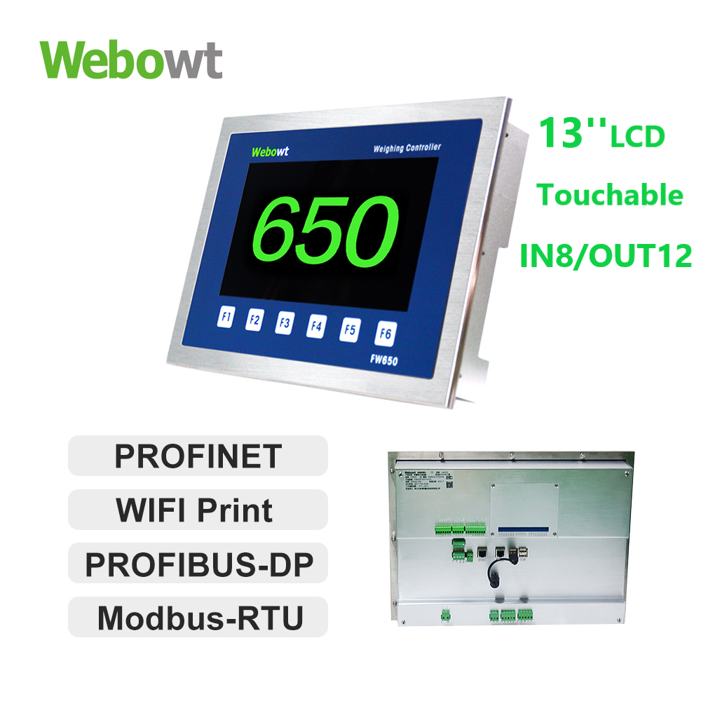 Order No. 8650003F Model No.: FW650620002400G, Basic MES version, FW650, Panel,2-way analog scale platform, USBx4, 4-way serial ports, No PLC, INx8/OUTx12, 13-inch color LCD